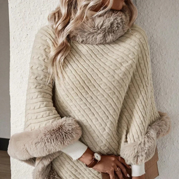 Apricot Casual Women's Turtleneck Fuzzy Trim Batwing Sleeve Poncho Sweater - Picture 1 of 7